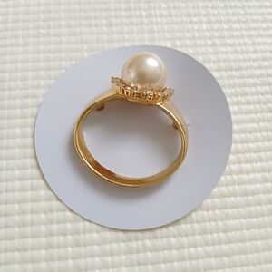 Gold tone faux pearl Rhinestones large Ring Brooch,modern, 3", statement, mint